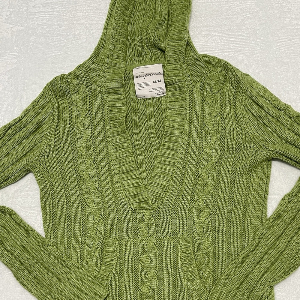 Vintage Y2K Aeropostale Hooded Button Up VNeck Cable Knit Kangaroo Pocket Medium - Picture 3 of 10